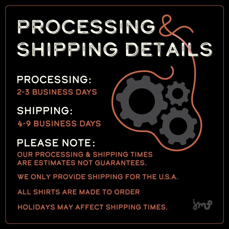 May include: Black graphic with white text that reads "PROCESSING & SHIPPING DETAILS." The text includes processing and shipping times, and a note about shipping estimates. Three gray gears are in the background.