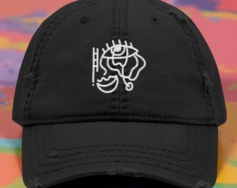 Abstract Eyeball Flower Lips Ladder Embroidered Baseball Hat, Trippy Face Line Art Headwear Gift for Best Friend, Distressed Accessory Cap