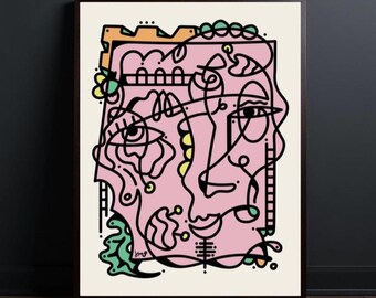Abstract Face Flowers Castle Wall Poster Print, Modern Decor Artwork Accent Gift for Unique Home Room, Pastel Handdrawn Trippy Art Portrait