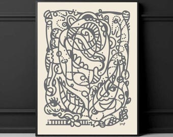 Surreal Abstract Face Flower Hotdog Line Art Print, Modern Contemporary Wall Decor Poster Gift, Boho Floral Bees Nature Elements Fun Artwork