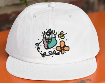 Colorful Surreal Floral Eye Bee Nylon Surf Cap, Modern Abstract Line Art Hat Outdoor Wear Gift, Unique Boho Accessory Rainbow Flower Artwork