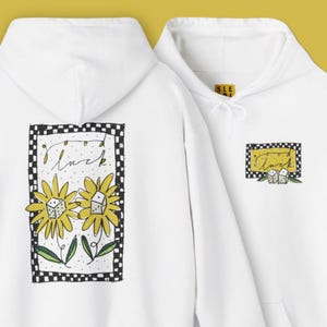 Luck Flower Dice Hoody, Sunflower Checkered Gift for Outdoor Positive Best Friend, Handdrawn Script Florals, Oversized Lounge Pullover Top