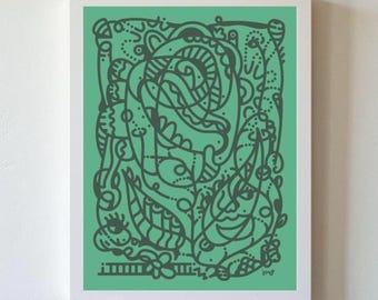 Surreal Abstract Face Flower Hotdog Line Art Print, Modern Contemporary Wall Decor Poster Gift, Green Floral Bees Nature Elements Artwork