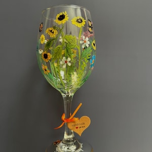 Hand-Painted Wine Glass: Sunflower & Butterfly Floral Glassware