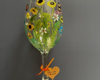 Hand-Painted Wine Glass: Sunflower & Butterfly Floral Glassware