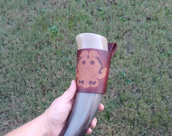 Drinking Horn and Engraved Leather Horn Holder
