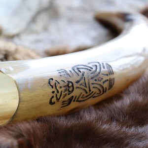 Carved Drinking Horn Norse Borre Design with optional Personalized Collapsible Horn Stand