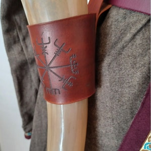 Engraved Leather Horn Holder and Viking Drinking Horn