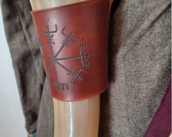 Engraved Leather Horn Holder and Viking Drinking Horn