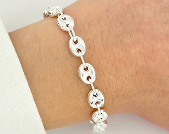 925 Sterling Silver Puffed Anchor Mariner Link Bracelet Italian Made