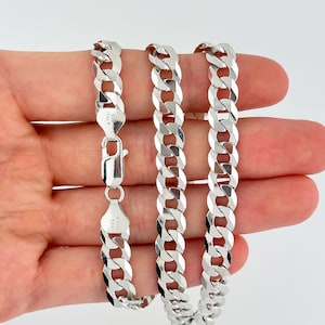 7mm 925 Solid Sterling Silver Flat Curb Cuban Chain Necklace Rhodium Plated