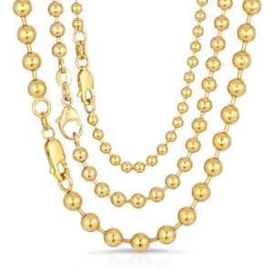 A selection of different thicknesses and lengths for the Solid 14k Yellow Gold Italian Ball Bead Chain Classic Necklace, providing versatile styling options.
