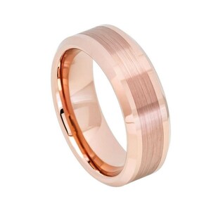 Tungsten Ring Brushed Rose Gold Beveled Edge 8mm Mens Ring Wedding Band