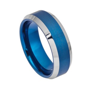 Blue Tungsten Wedding Band Personalized 8mm Tungsten Ring Engraving