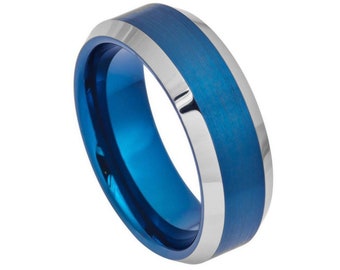 Blue Tungsten Wedding Band Personalized 8mm Tungsten Ring Engraving