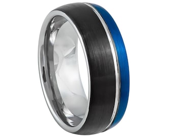 Blue Black Tungsten Wedding Band Personalized 8mm Tungsten Ring Engraving