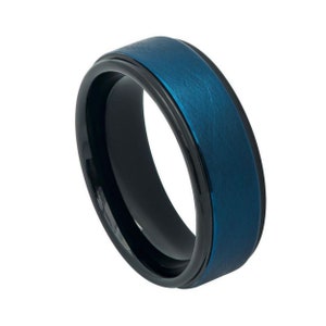Blue Black Tungsten Wedding Band Personalized 8mm Tungsten Ring Engraving