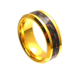 8mm Yellow Gold Tungsten Wedding Band Red Carbon Fiber Comfort Fit Gold His and Her&#39;s Tungsten Ring