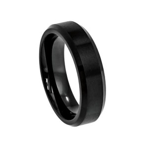 6mm Black Tungsten Ring Comfort Fit Wedding Band Beveled Edge Personalized Engraved