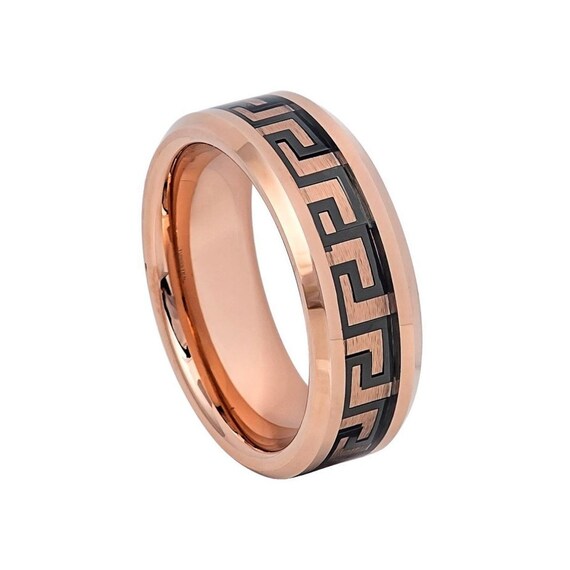 Rose Gold Tungsten Wedding Band 2-Tone 8mm Black Greek Key Design Engravable