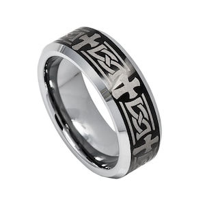 Celtic Silver Tungsten Ring 8mm Cross Religious Wedding Band Personalized Engraved Anniversary Ring