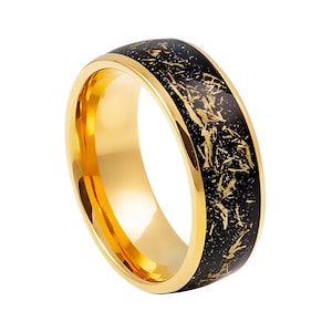 Yellow Gold Tungsten Wedding Band 8mm Tungsten Ring Engraving Meteorite Inlay Design
