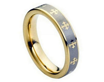 Gold Tungsten Ring 5mm Cross Religious Wedding Band Personalized Engraved Anniversary Ring