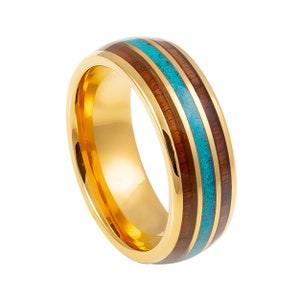 Turquoise Tungsten Wedding Band Yellow Gold Unique Wedding Ring 8mm Tungsten Wood Ring