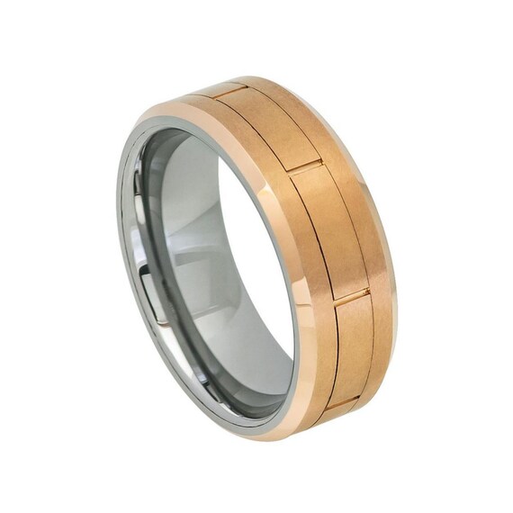 Tungsten Ring Brushed Rose Gold Beveled Edge 8mm Mens Ring Wedding Band  Engraving Available