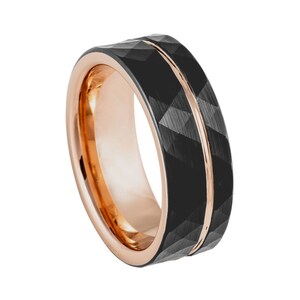 Rose Gold Tungsten Wedding Band Faceted 8mm Black Tungsten Ring