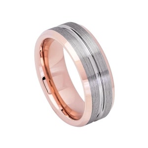 2-Tone Rose Gold Tungsten Wedding Band 8mm Grooved Comfort Fit Unique Tungsten Ring