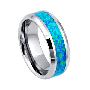 Opal Tungsten Wedding Band Green Blue Opal Ring Unique Wedding Ring