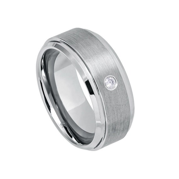 Mens Diamond Tungsten Ring Solitaire Wedding Band Brushed Center