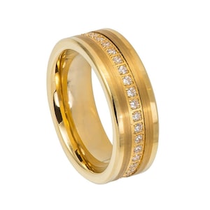 Men's Eternity Gold Tungsten Wedding Band 8mm Comfort Fit Tungsten Ring Diamond Simulant Ring