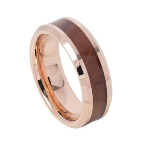 Rose Gold Tungsten Wedding Band 8mm Comfort Fit Hawaiian Koa Wood Tungsten Ring