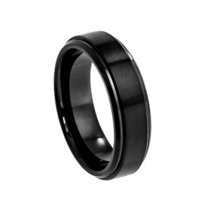Black Tungsten Ring 6mm Comfort Fit Wedding Band Step Edge Personalized Engraved