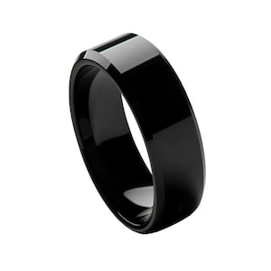 Black Tungsten Ring 8mm Beveled Edge Wedding Band Personalized Engraved
