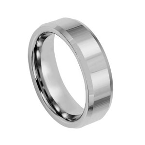 6mm Silver Tungsten Ring Comfort Fit Wedding Band Beveled Edge Personalized Engraved