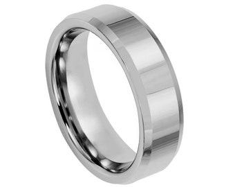 6mm Silver Tungsten Ring Comfort Fit Wedding Band Beveled Edge Personalized Engraved