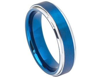 Blue Tungsten Wedding Band Personalized 6mm Tungsten Ring Engraving