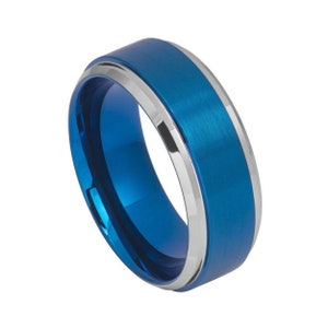Blue Tungsten Wedding Band Personalized 9mm Tungsten Ring Engraving
