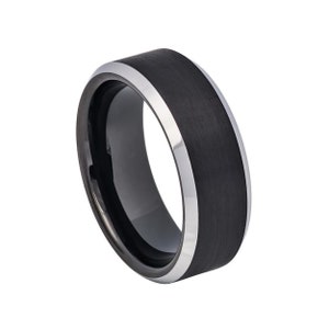 Brushed Steel Color Tungsten Wedding Band 2-Tone 8mm Comfort Fit Engravable Beveled Edge Tungsten Ring