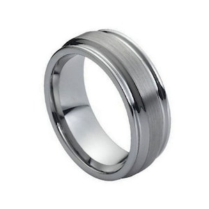 Flat Tungsten Ring 8mm Polished Wedding Band Ridged Edge Personalized Engraved