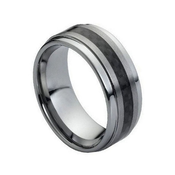 9mm Carbon Fiber Tungsten Wedding Band Tungsten Black Carbon Fiber Ring  Engraving