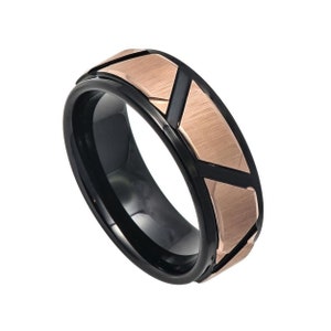 2-Tone Rose Gold Black Tungsten Wedding Band 8mm Trapezoid Unique Tungsten Ring