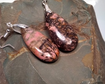 RHODONITE EARRINGS/Pink And Black Earrings/Pink Black Stone Jewelry/Boho Dangle Earrings/Genuine Rhodonite Earrings/Pink Gemstone Earrings