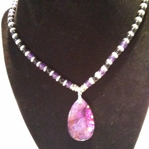 AMETHYST NECKLACE/AMETHYST Pendant/Purple Beaded Necklace/Purple Teardrop Pendant/Unique Necklace/Homemade Necklace/Round Beaded Necklace