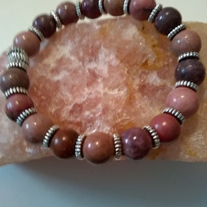 PINK RHODOCHROSITE BRACELET/Tibetan Silver Accents / Pink  And Silver Bracelet/