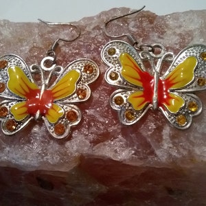 TIBETAN SILVER BUTTERFLIES  Earrings/Orange And Yellow Stones/Unique Butterfly Earrings/Homemade Butterfly Earrings/ Dangle Earrings