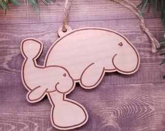 Manatee Holiday Tree Ornament Made of Solid Curly Maple Hardwood, Old Fashion Beachy